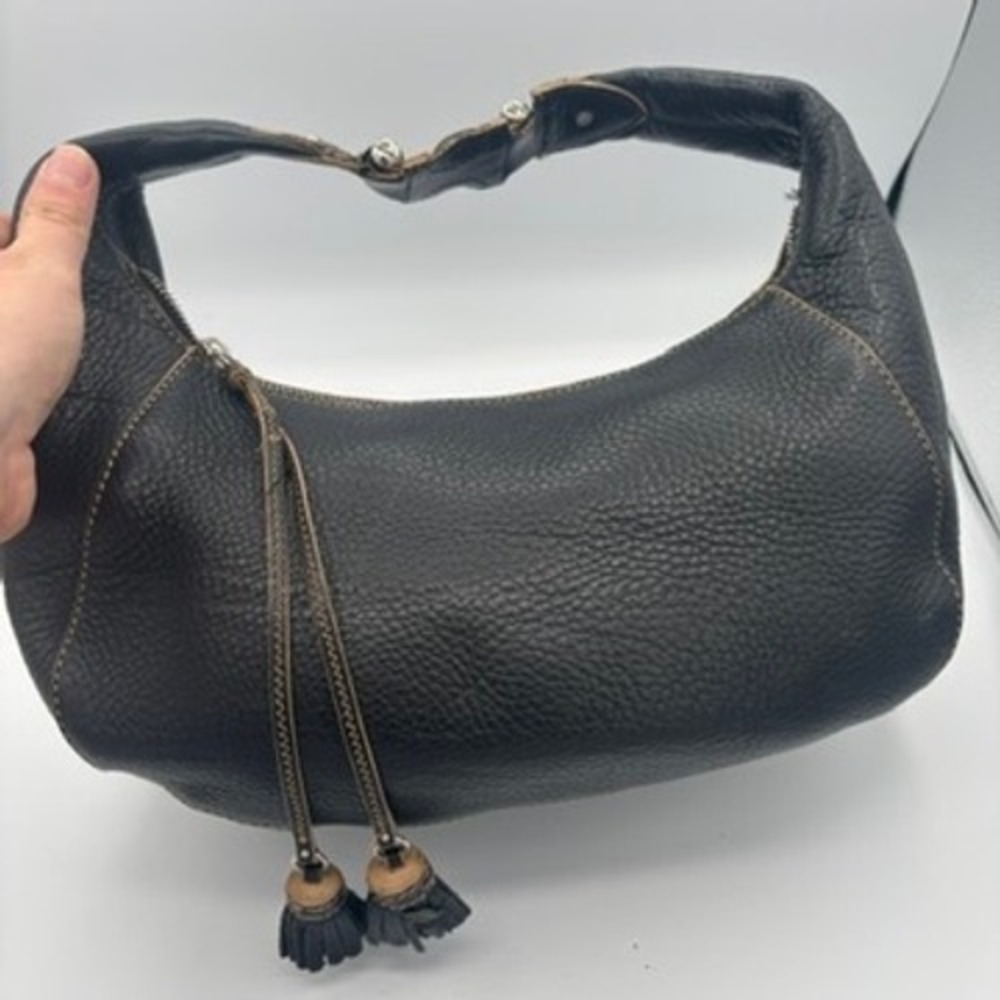 Vtg Y2K Cole Haan Village Hobo Crescent Bag Black Pebbled Leather Tassel Purse
